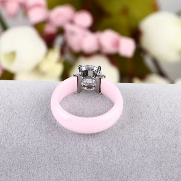 NEW Pink Ceramic Diamond Engagement Ring - Picture 11 of 16